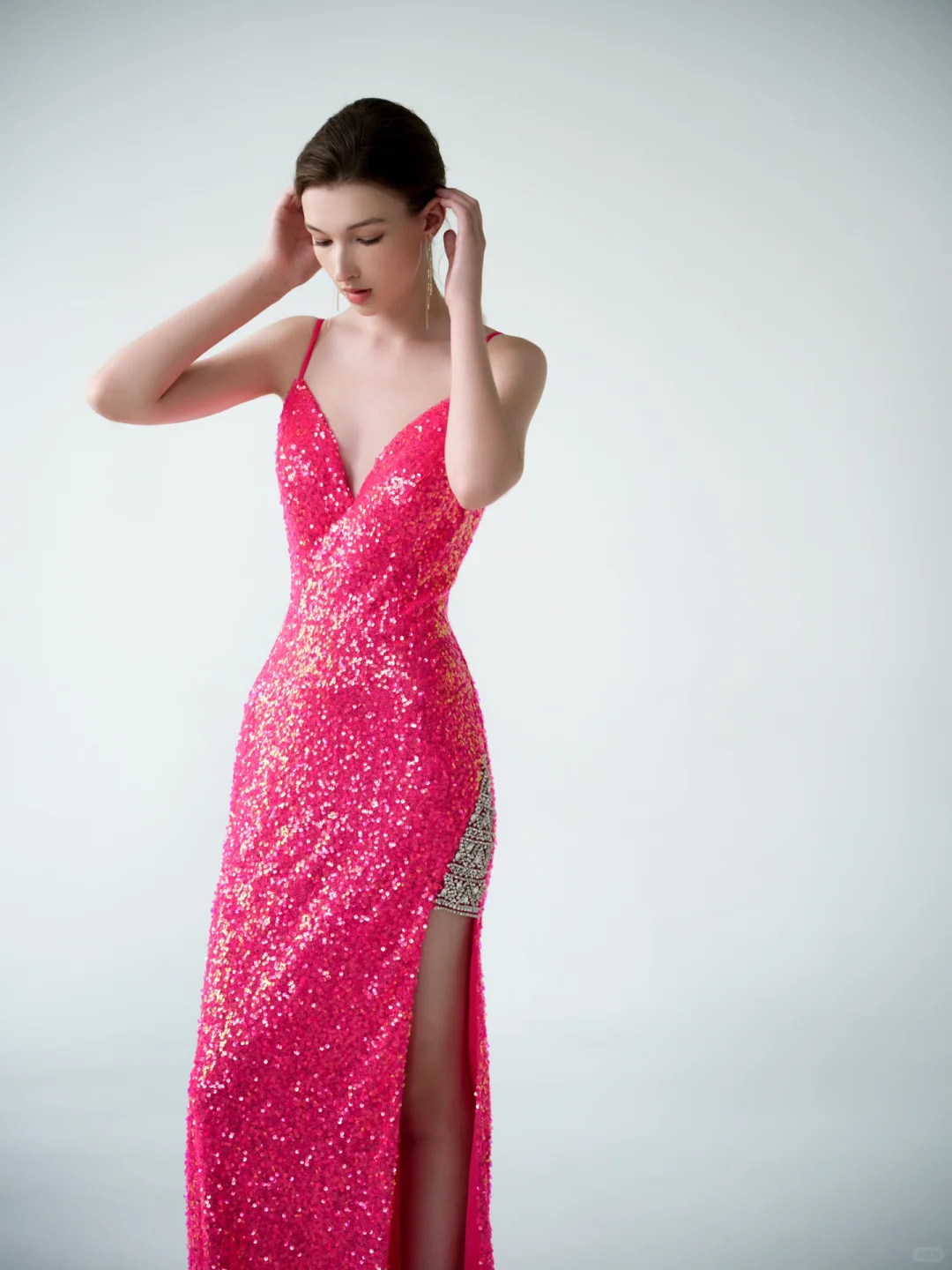 Sexy Mermaid Spaghetti Straps Pink Sequin Prom Dress Formal Gown with Slit DP3722