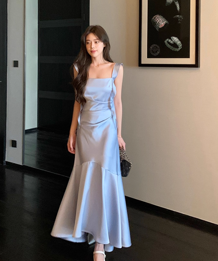 Gentle Blue Mermaid Straps Satin Prom Dress Formal Dress Evening Dress DP3452