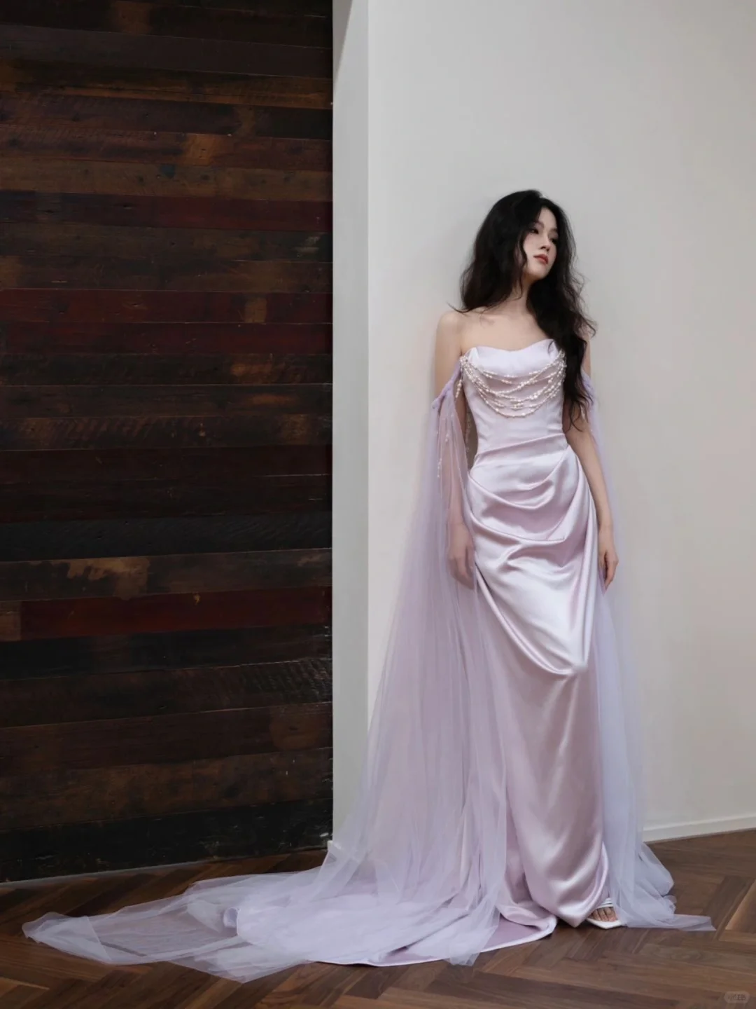 Purple Sheath Off the Shoulder Pearl Satin Tulle Party Dress Evening Dress DP2547