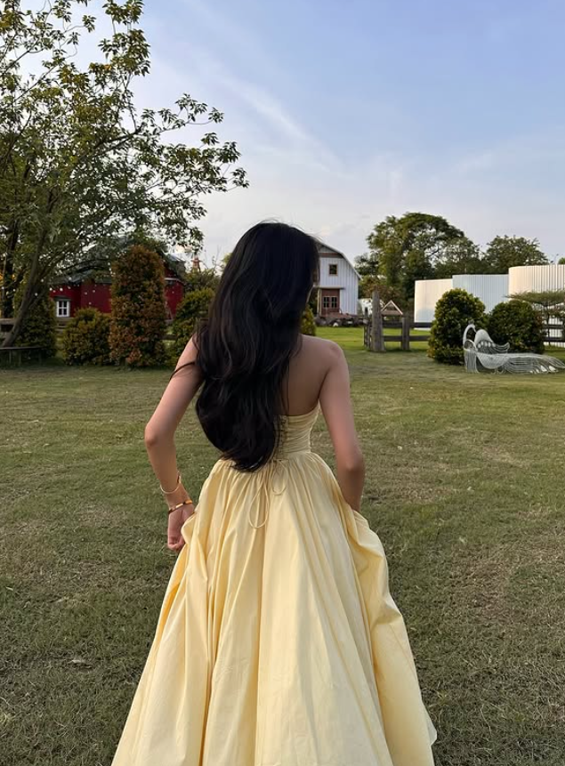 Light Yellow A Line Sweetheart Neck Satin Long Prom Dress 16th Birthday Dress DP3969