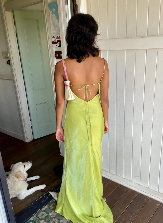 Simple Sheath Spaghetti Strap Green Satin Open Back Prom Dress Graduation Prom Dress DP2185