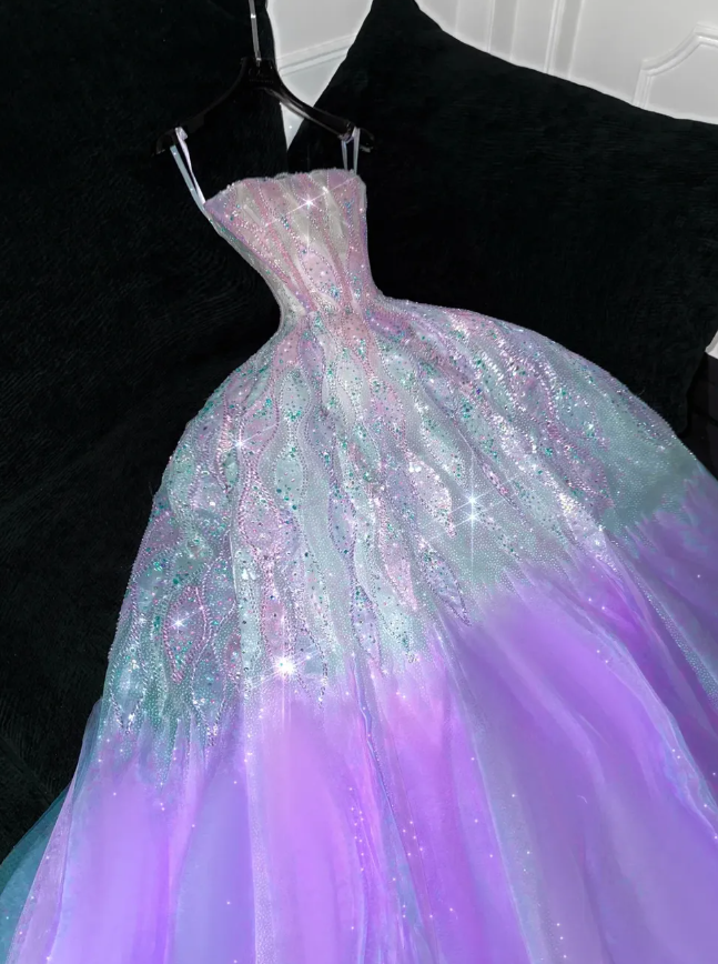 Dreamy Purple Ombre A Line Strapless Beaded Tulle Prom Dress Birthday Dress Party Dress DP3088