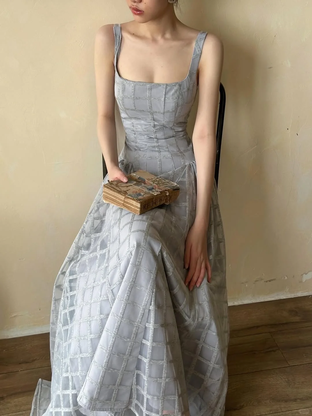 Grey A Line Strap Unique Tulle Long Prom Dress Party Dress Outfits DP4532