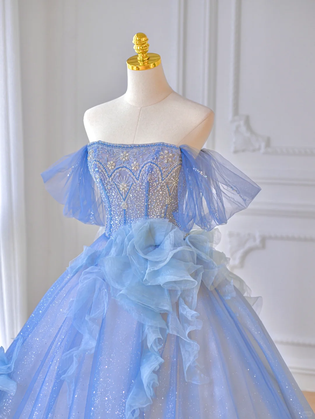 Elegant A Line Off the Shoulder Beaded Sequin Blue Tulle Long Prom Dress Party Dress DP2726