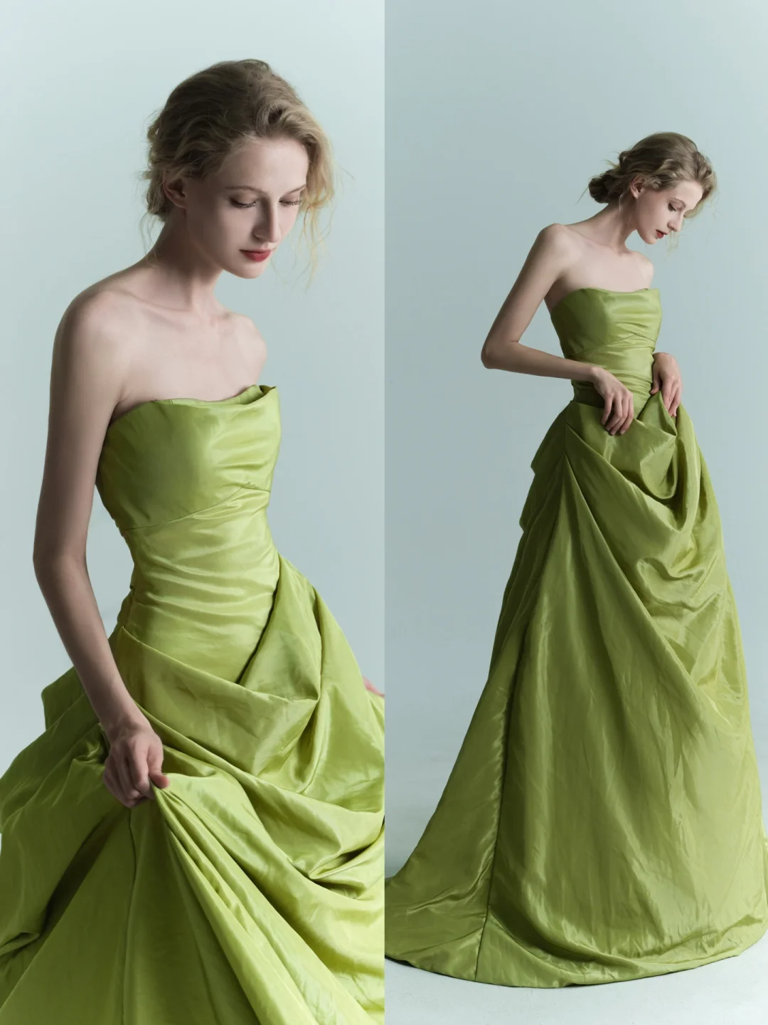 Charming Green Ball Gown Strapless Pleated Satin Prom Dress Formal Gown DP3721