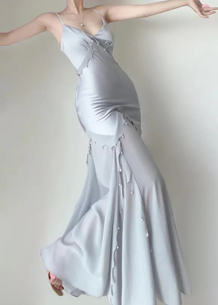 Elegant Mermaid Spaghetti Strap Pearl Grey Satin Long Prom Dress Evening Dress DP2228
