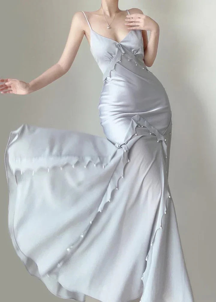 Elegant Mermaid Spaghetti Strap Pearl Grey Satin Long Prom Dress Evening Dress DP2228