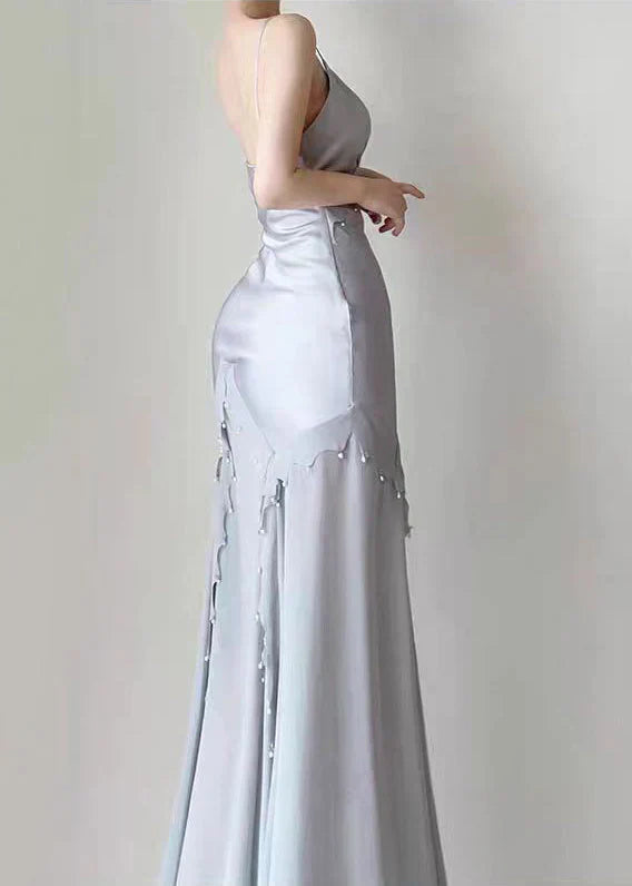 Elegant Mermaid Spaghetti Strap Pearl Grey Satin Long Prom Dress Evening Dress DP2228