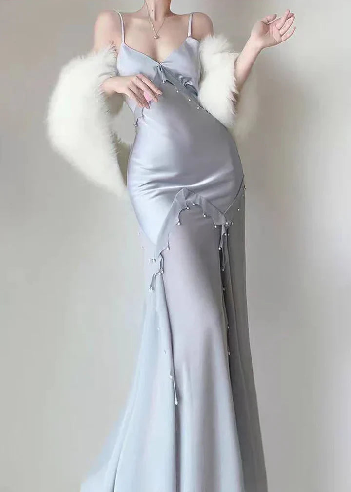 Elegant Mermaid Spaghetti Strap Pearl Grey Satin Long Prom Dress Evening Dress DP2228