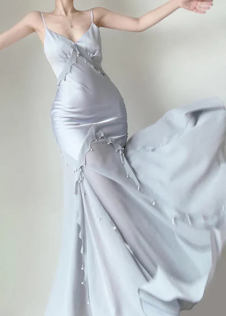 Elegant Mermaid Spaghetti Strap Pearl Grey Satin Long Prom Dress Evening Dress DP2228