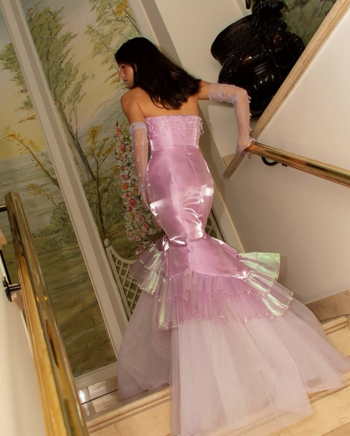 Pretty Mermaid Strapless Rhinestone Pink Satin Tulle Long Prom Dress Evening Dress DP1660