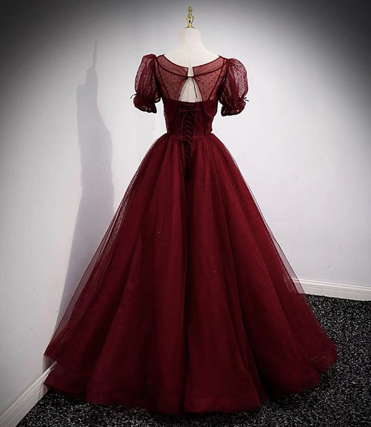 Burgundy Tulle A Line Long Prom Dress Party Evening Dress DP003