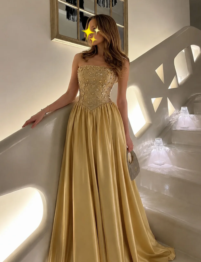 Gold A Line Strapless Beaded Satin Long Prom Dress Evening Dress DP6938