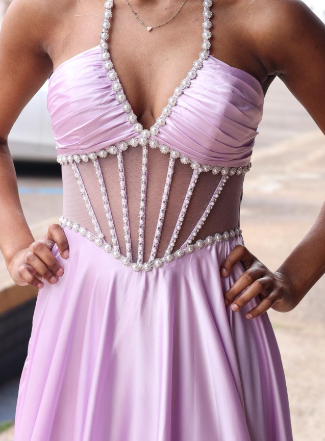 Pink A Line Halter Beaded Corset Satin Backless Prom Dress Party Evening Dress DP6303