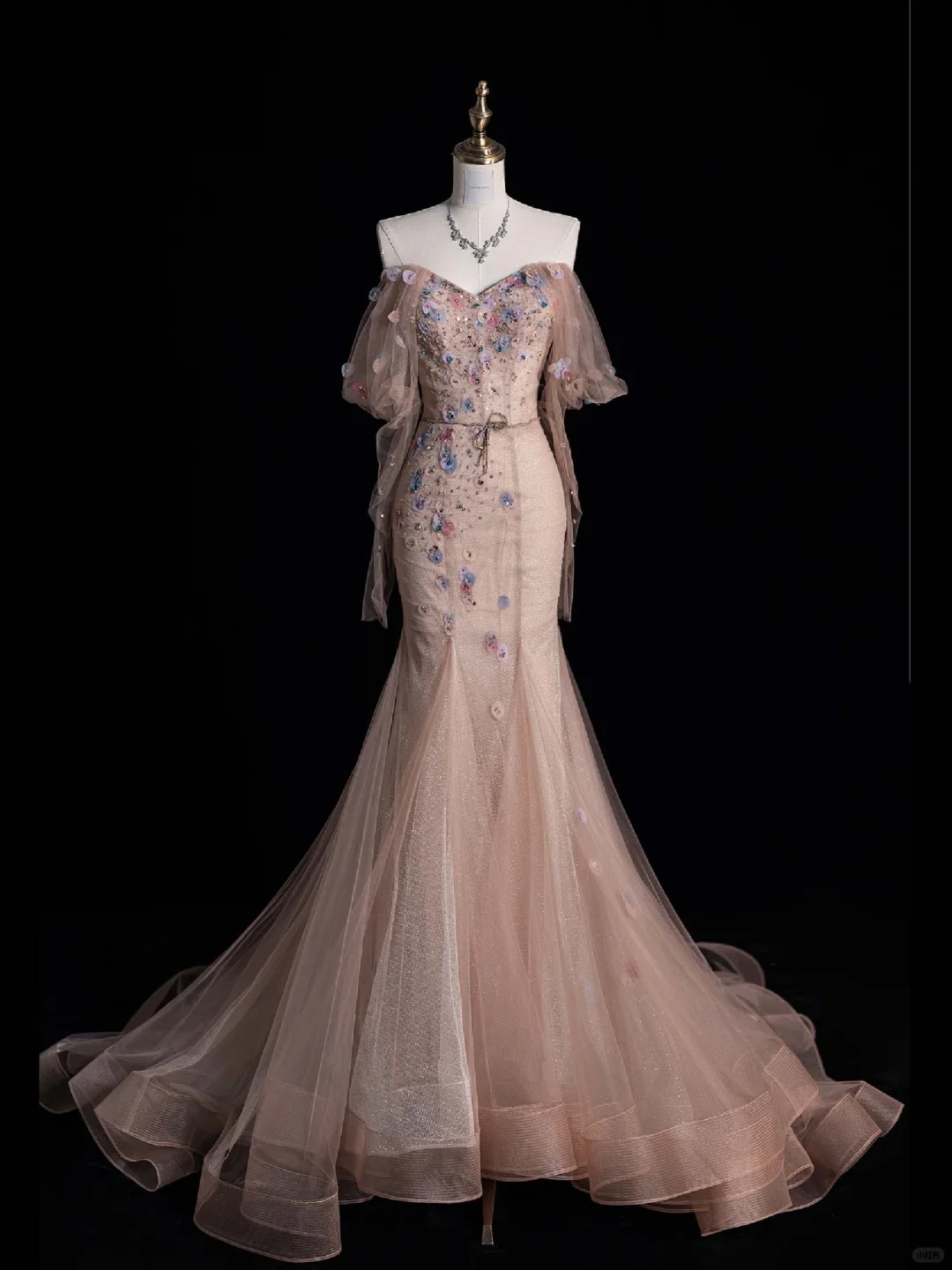 Elegant Mermaid Off the Shoulder Flower Beaded Tulle Long Prom Dress Graduation Prom Dress DP2269