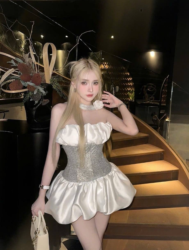 Cute Strapless Silver Sequin White Satin Short Homecoming Dress Date Dress DP2957