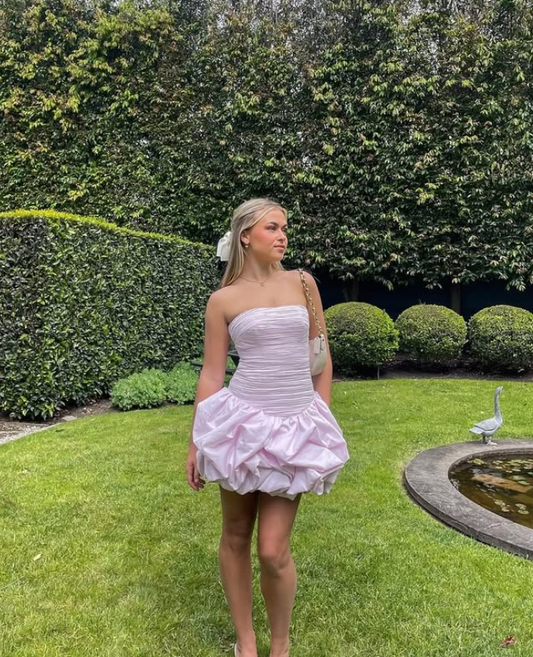 Cute A Line Strapless Pink Satin Short Party Dress Evening Dress DP2282
