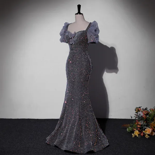 Shiny Grey Sequins Evening Dress Mermaid Bow Prom Dress DP209