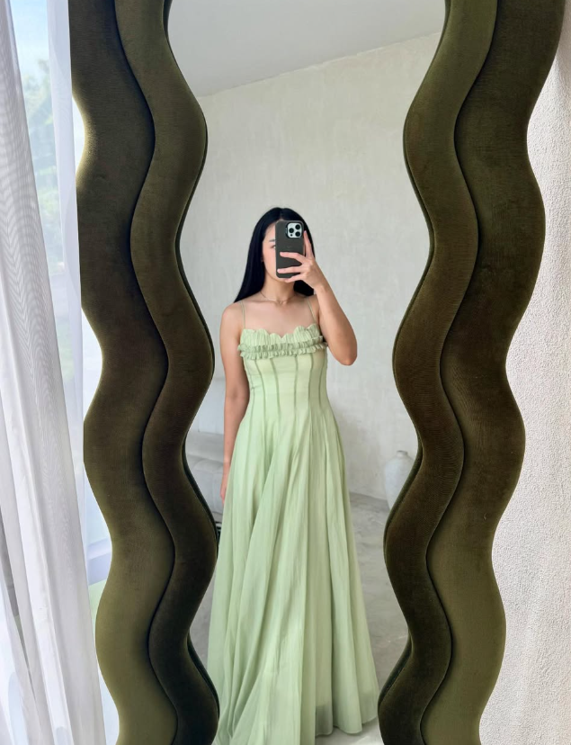 Gentle A Line Spaghetti Strap Green Chiffon Long Prom Dress Evening Dress DP2236
