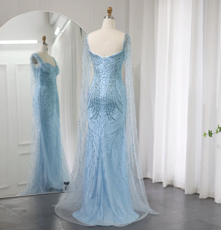 Blue Luxury Mermaid Beads Sequins Tulle Evening Dresses with Cape Sleeves DP1403
