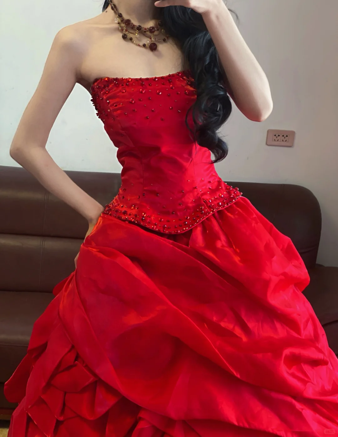 Red Ball Gown Strapless Beaded Pleated Satin Organza Long 16th Birthday Dress Party Dress Quinceanera Dress DP4087