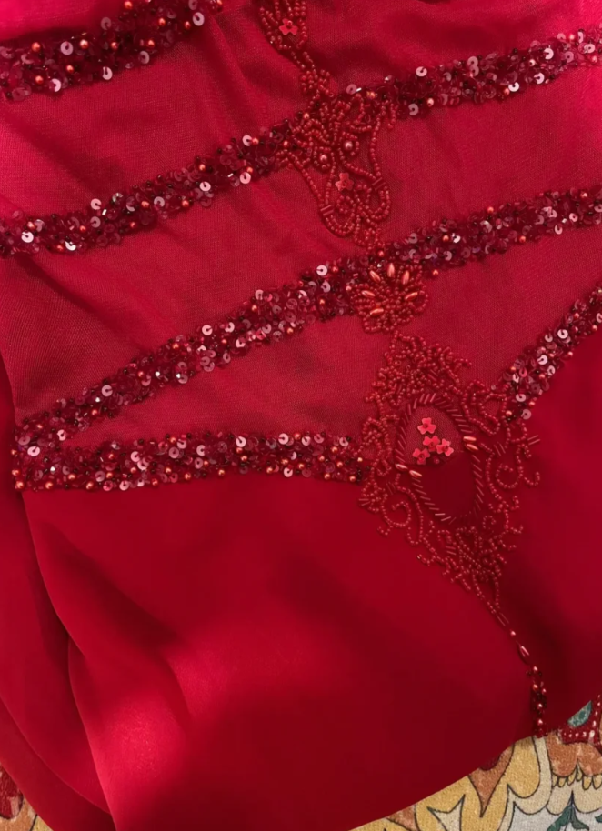 Charming A Line Spaghetti Strap Beaded Red Chiffon Long Prom Dress Wedding Guest Dress DP4277