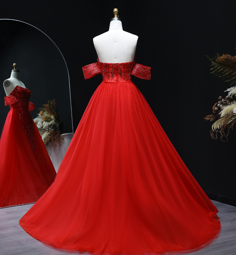 Charming A Line Off the Shoulder Beaded Tulle Prom Dress Evening Dress DP1921