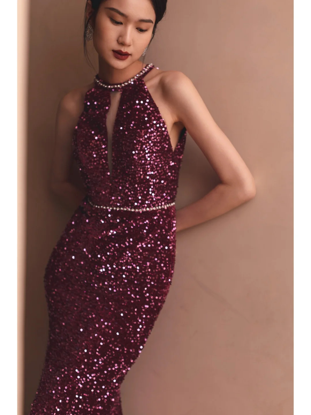 Sexy Purple Mermaid Halter Sequin Open Back Long Prom Dress Formal Dress DP3335