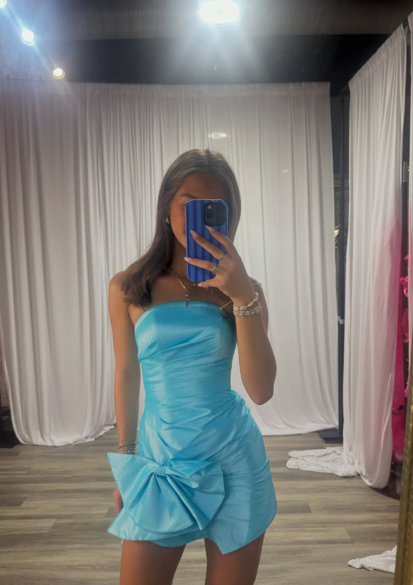 Blue Bow Sheath Strapless Satin Short Prom Dress Homecoming Dress DP7125