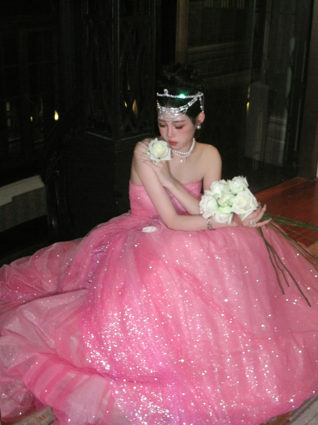 Pink Ball Gown Strapless Floral Sequin Pink Tulle Long Party Dress Evening Dress DP2417