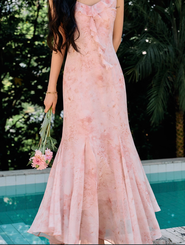 Pink Floral Mermaid Spaghetti Strap Ruffle Chiffon Prom Dress Vacation Dress Outfits DP3651