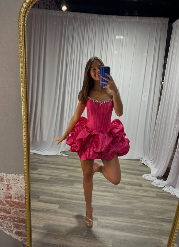 Hot Pink A Line Strapless Beaded Corset Satin Short Prom Dress Homecoming Dress DP7129
