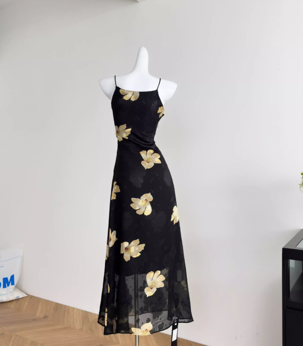 Black A Line Spaghetti Straps Yellow Floral Chiffon Vacation Dress Prom Dress Outfits DP3551