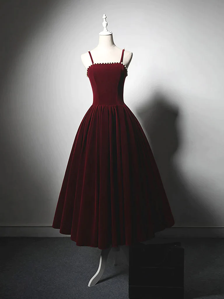 Simple A-Line Velvet Burgundy A Line Prom Dress DP070