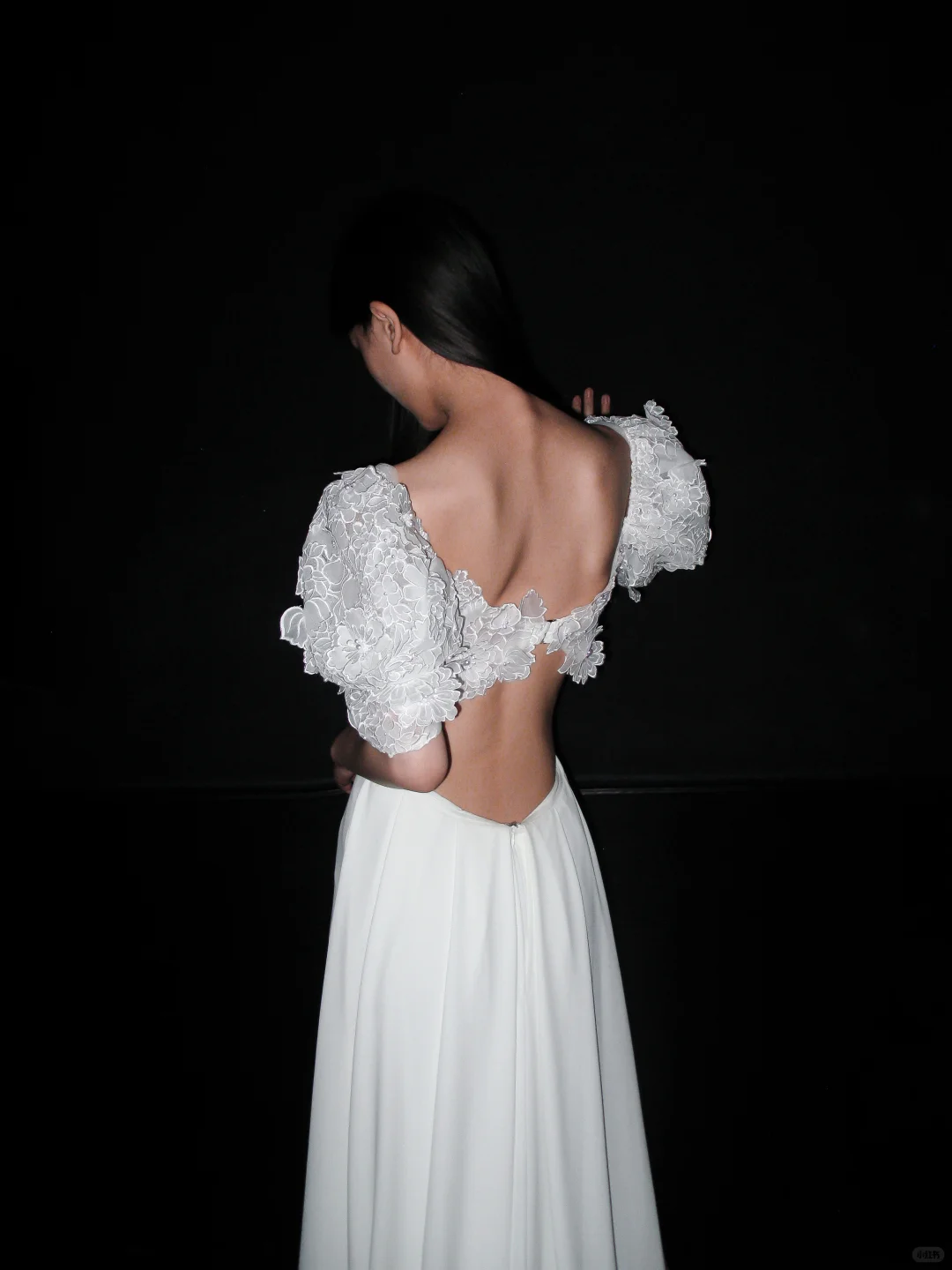 Cute Puff Sleeve A Line White Lace Satin Long Wedding Dress DP5782