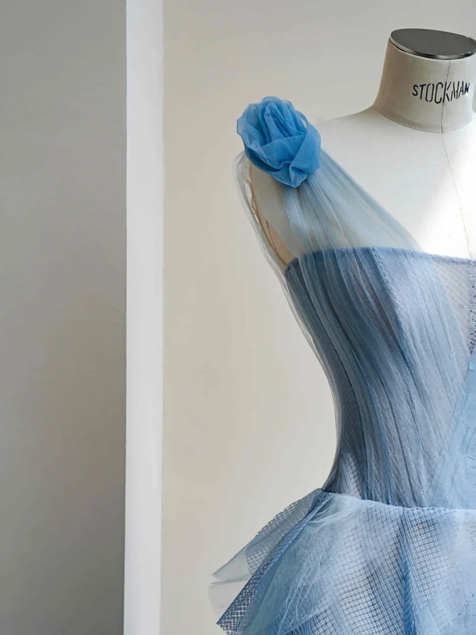 Gentle A Line One Shoulder Blue Tiered Flower Tulle Long Party Dress Evening Dress DP2410