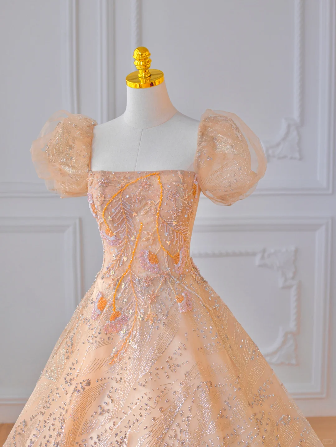 Orange A Line Puff Sequin Beaded Tulle Long Prom Dress Party Dress DP2724