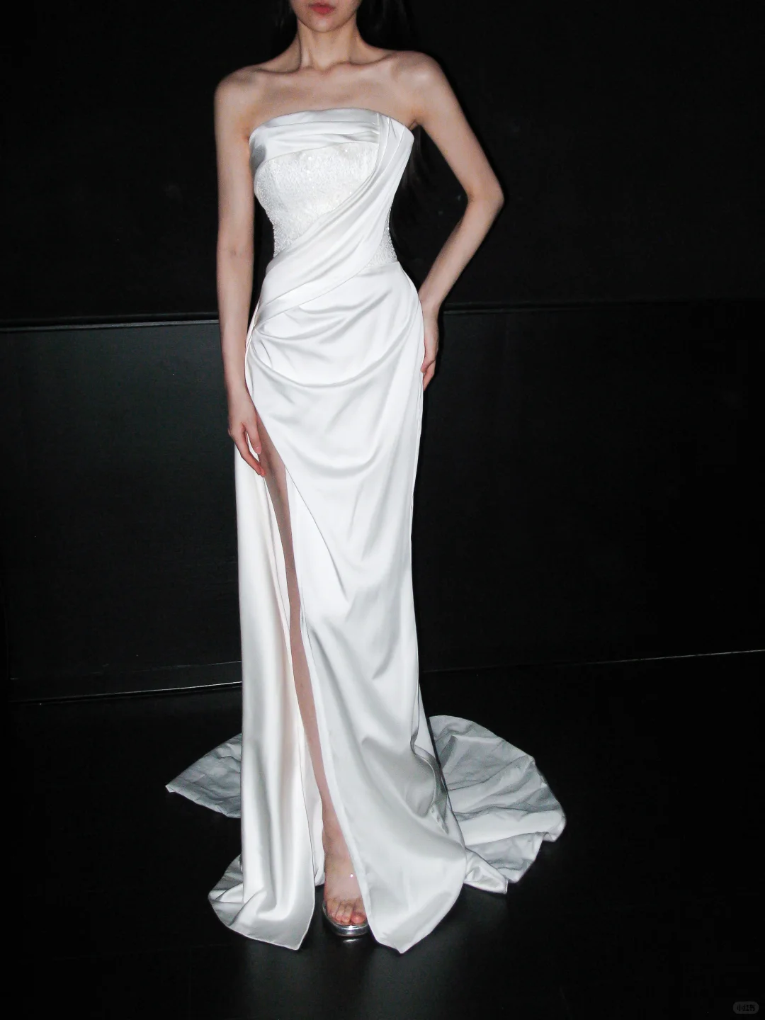 Pretty White Exquisite Beaded Sheath Strapless Satin Slit Long Wedding Dress DP6378