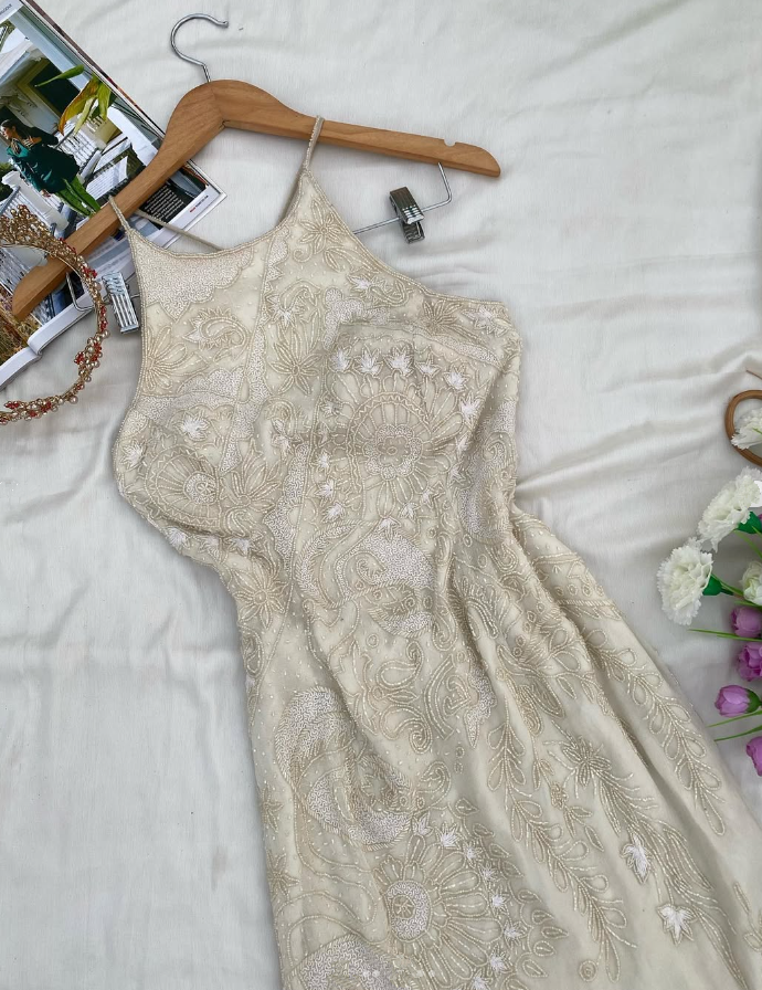Vintage A Line Halter Beaded Ivory Satin and Chiffon Prom Dress Evening Dress DP1375