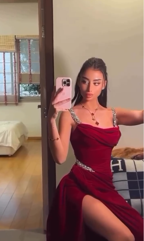 Burgundy Sheath Strap Rhinestone Velvet Long Prom Dress Wedding Guest Dress with Slit DP4081