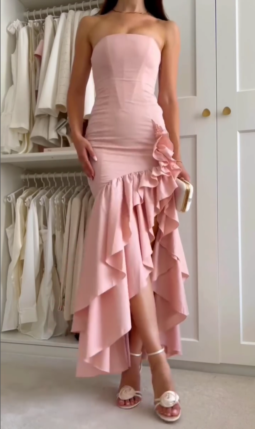 Pink Mermaid Strapless Ruffle Satin Long Prom Dress with Slit DP4367