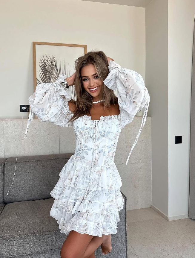 Gentle Print Floral A Line Long Sleeve Layered Chiffon Short Homecoming Dress OutfitsDP3032
