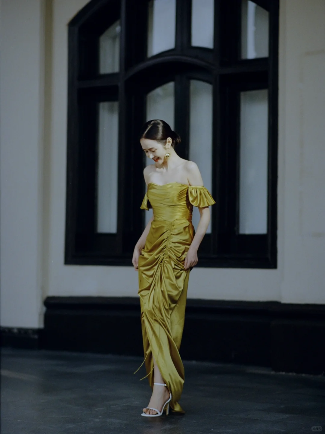 Turmeric Sheath Off the Shoulder Satin Party Dress Prom Dress with Slit DP2540
