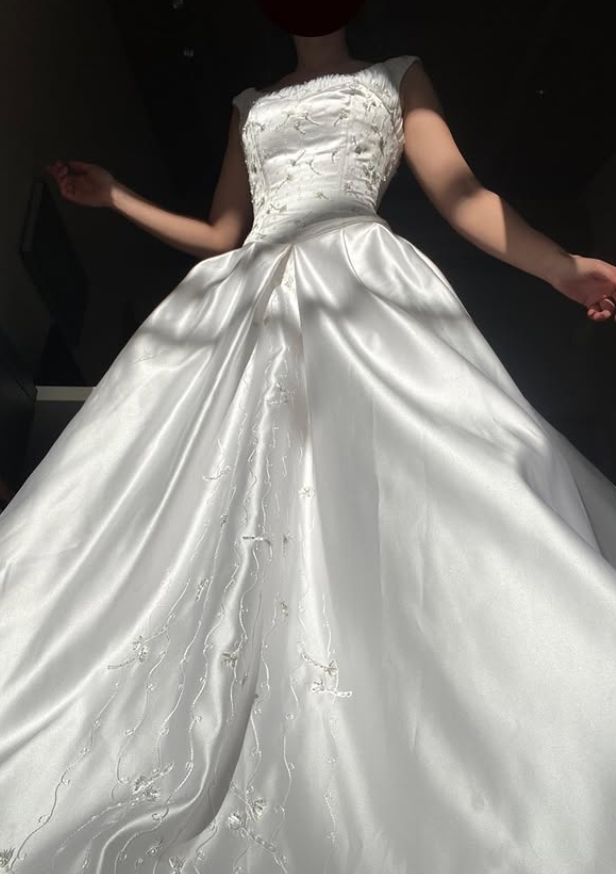 Simple Elegant A Line Straps Beaded White Satin Wedding Dress Prom Dress DP5534