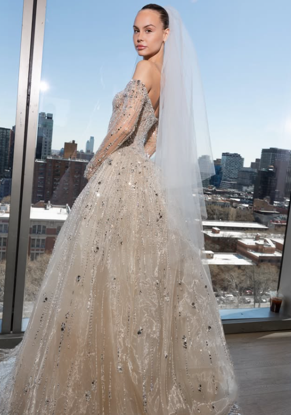 Glamorous Ball Gown Long Sleeve Sequin Apricot Organza Long Train Wedding Dress DP5822