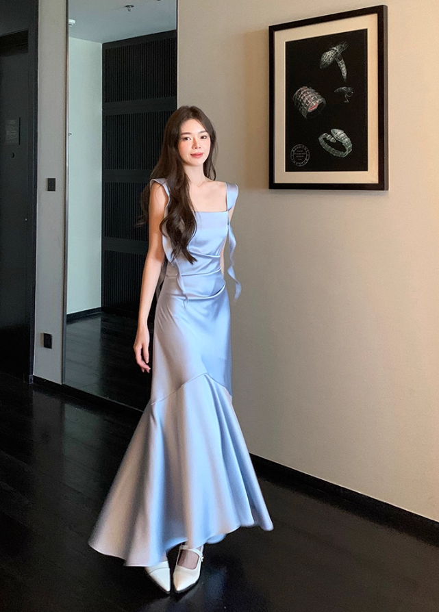 Gentle Blue Mermaid Straps Satin Prom Dress Formal Dress Evening Dress DP3452