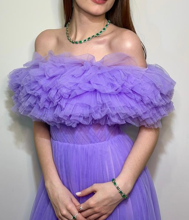 Flowy Purple A Line Off the Shoulder Tulle Long Prom Dress Evening Dress DP6230
