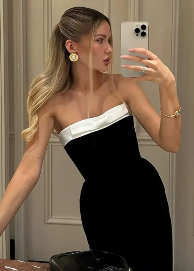 Classic Black-white Sheath Strapless Satin Long Prom Dress Evening Prom Dress DP4889