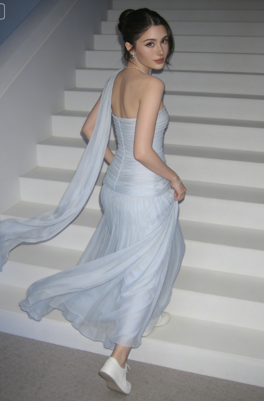Baby Blue A Line Strapless Pleated Chiffon Long Prom Dress Party Dress DP2582