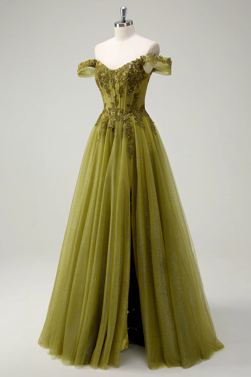 Green A Line Off the Shoulder Appliques Tulle Long Prom Dress Evening Dress DP1473